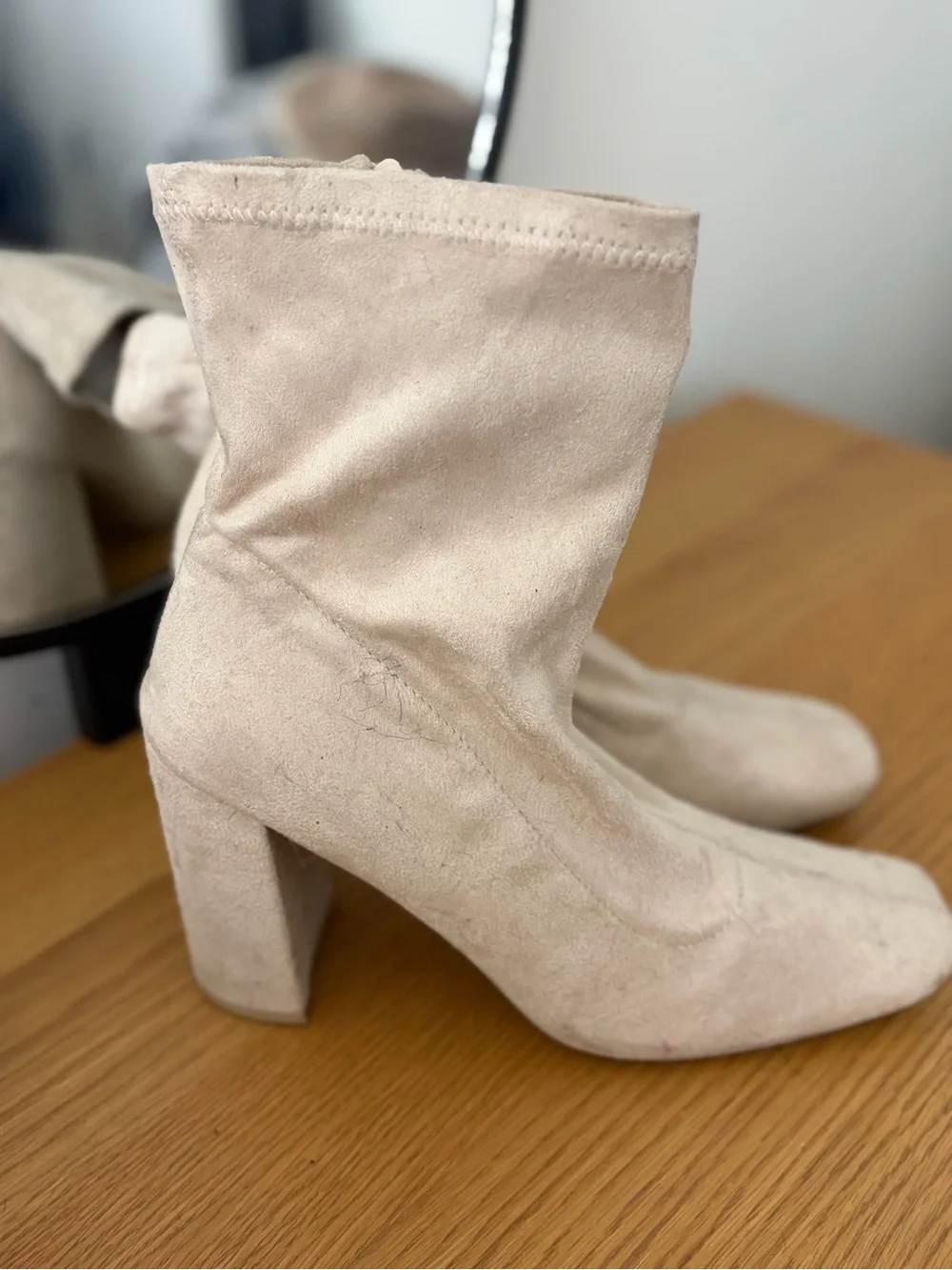 Beige Suede Slouchy Block Heel Boots